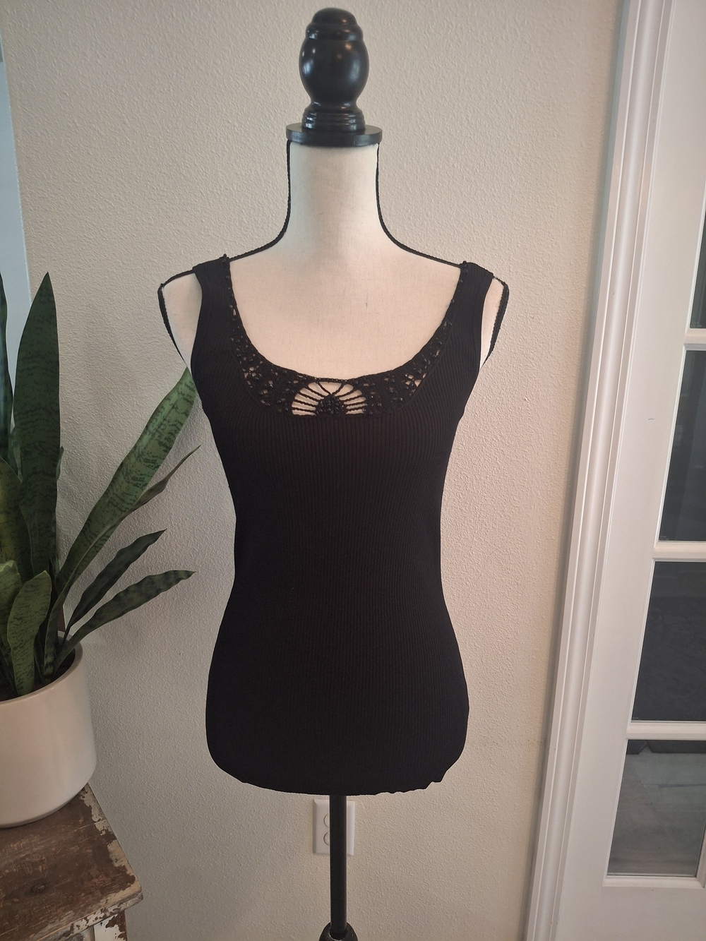 Cache Black Ribbed Tank Top with Crochet Beaded Detail